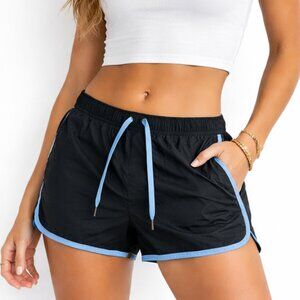 American Eagle Womens Runner Shorts M Black Blue Trim Athleisure Nylon Coastal